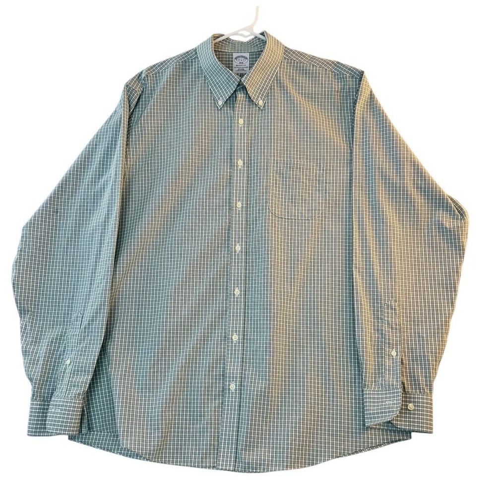 Brooks Brothers Mens‎ Shirt 17 - 6/7 Green White Check Regent Fit Button Down